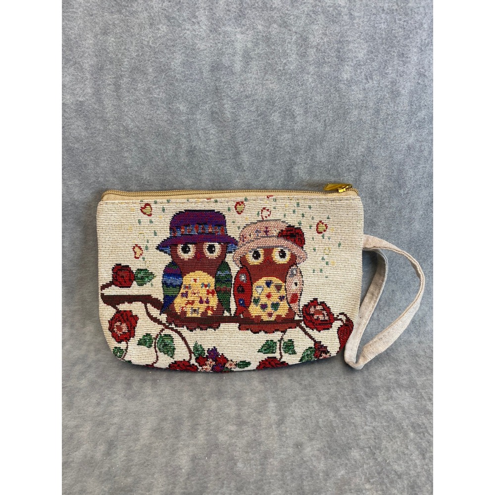 Tapestry Owl Small Clutch‎ Coin Purse Bag Floral Roses Embroidered Wrist Strap